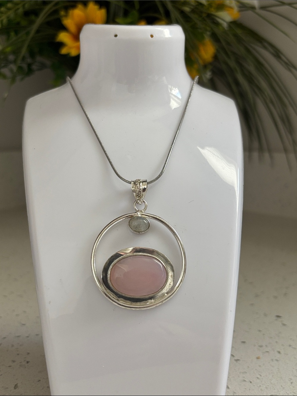 Silver Rose Quartz & Rainbow Moonstone Gemstone Pendant Necklace